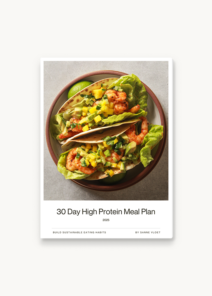 Book cover of '30 Day High Protein Meal Plan' with tacos on a plate