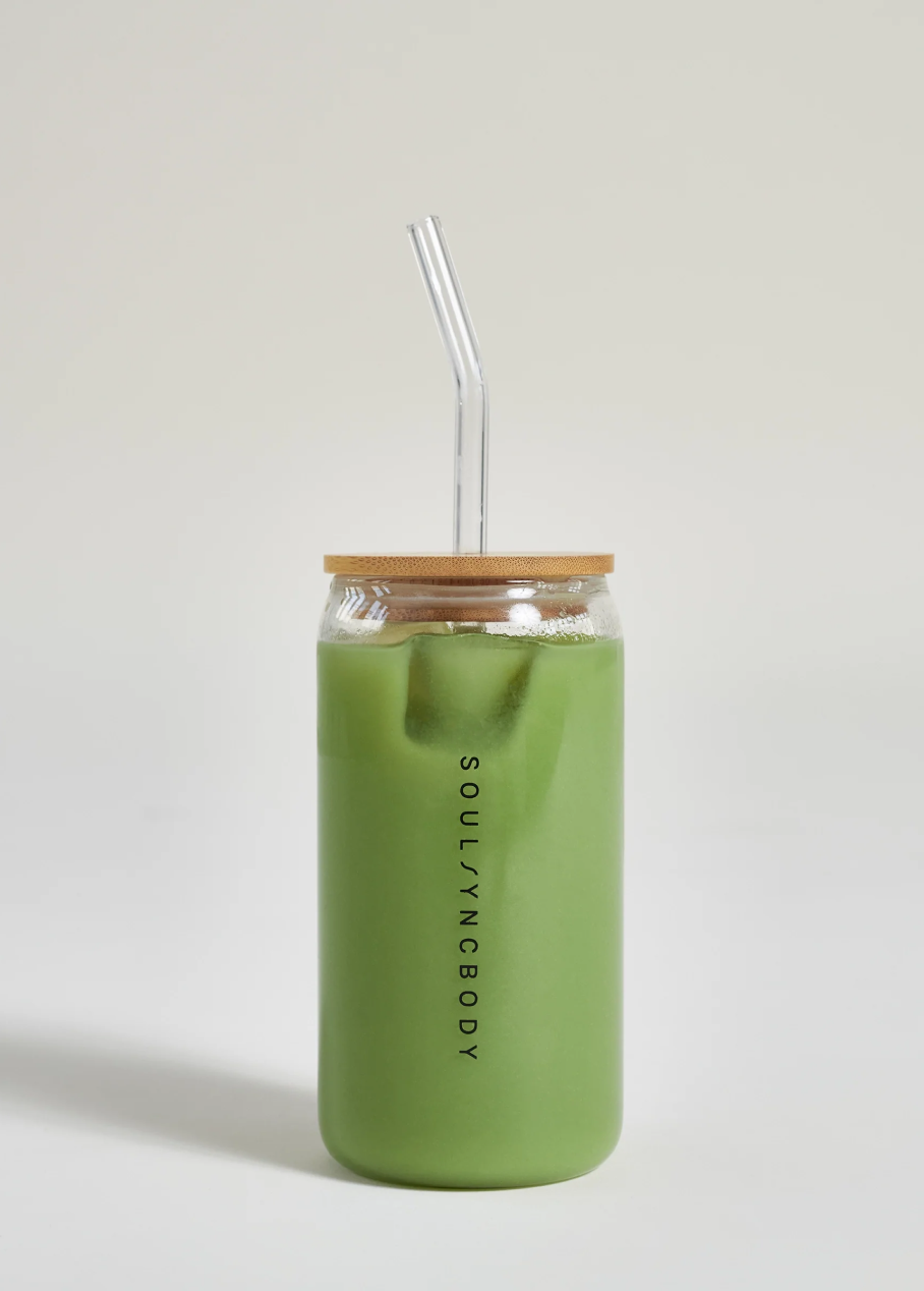 Barrel Glass with Bamboo Lid and Glass Straw